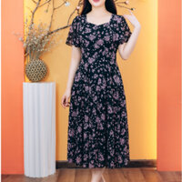 Đầm maxi trung niên cho mẹ - Cổ vuông tim tay loe - Đen hoa tím - TTV Store thời trang nữ TTV1826