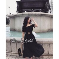 Đầm maxi vải đũi trễ vai