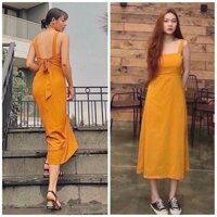 Đầm maxi, váy hai dây màu vàng nghệ nơ sau (kèm hình thật)