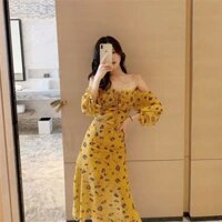 Đầm maxi vintage trễ vai cao cấp họa tiết (Vàng) D214 (Ảnh thật cuối)