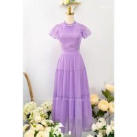 Đầm maxi voan 2 lớp cổ tròn đính cườm tay bèo xinh xắn - Tím,Free size