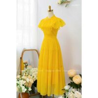 Đầm maxi voan 2 lớp cổ tròn đính cườm tay bèo xinh xắn - Vàng,Free size