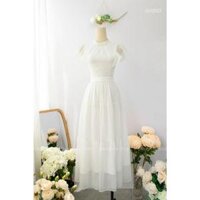 Đầm maxi voan 2 lớp cổ tròn đính cườm tay bèo xinh xắn - Trắng,Free size