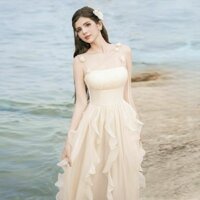 Đầm maxi voan bèo dự tiệc, dự lịch, váy voan dáng dài dây đính bông cổ màu kem tôn da [có mút ngực]V029