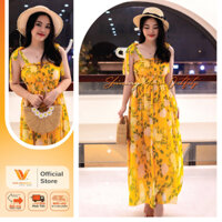 ĐẦM MAXI VOAN CAO CẤP ĐI BIỂN, MAXI HOA VÀNG NHÚN EO, HAI DÂY CỘT NƠ