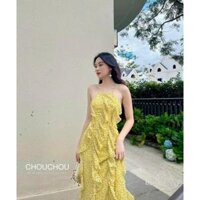 Đầm maxi voan hoa 2 lớp cao cấp phối bèo cột dây lưng  có MÚT  - Vàng tươi - Freesize
