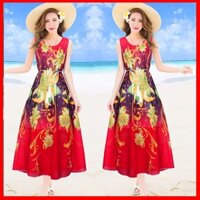 Đầm maxi voan hoa đỏ kèm dây thắt lưng  - Đầm suông maxi đi biển, đi dạo phố aokhoacnusieudep2019