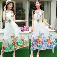 Đầm maxi voan hoa kèm dây thắt lưng DX08 - Đầm suông maxi đi biển, đi dạo phốđầm xinh đi biển
