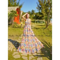 ĐẦM MAXI VOAN HOA NHIỀU MÀU DẬP LI CỔ YẾM CỘT NƠ HỞ LƯNG VÁY XOÈ