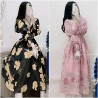 Đầm maxi voan hoa tay bo dài dáng lửng xòe vintage đi biển,dạo phố hotgirls xinh