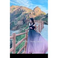 ĐẦM MAXI VOAN IN MÀU LOANG OMBRE ĐEN YẾM CÚP NGỰC VÁY XOÈ