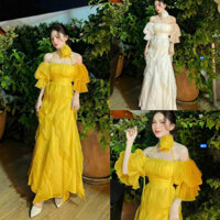 Đầm maxi voan tơ trễ vai phối bèo váy kèm tag hoa hồng hai màu trắng vàng đi biển, dự tiệc