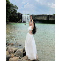 Đầm maxi voan trắng cổ yếm 2 dây thừng khoét hở eo lưng, váy dài tiểu thư sang trọng quyến rũ đi chơi du lịch chụp hình