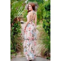 ĐẦM MAXI VOAN TRẮNG KEM HOA NHÍ CỔ YẾM HỞ LƯNG ĐAN DÂY VÁY XẺ TÀ