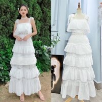 Đầm maxi voan trắng phối ren 2 dây bản to thắt nơ, váy suông tầng tiểu thư dễ thương đi chơi du lịch chụp hình dự tiệc