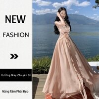 Đầm Maxi Voan Xoè Xẻ Tà Viền Bèo Phối Hoa Hở Lưng