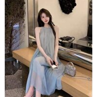 đầm maxi xanh cổ yếm sang chảnh tơ 2lớp đi biển