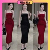 Đầm Maxxi Thun Dẻo Hai Dây Cúp Ngực Sẵn Mút Đính Hoa Bèo Tua Rua Dáng Dài Kèm Tag Đá