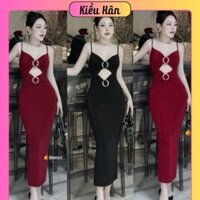 Đầm Maxxi Thun  Lạnh Hai Dây Dáng Dài Phối 2 KHOEN Hoa Tròn Dáng Ôm Body