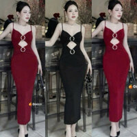 Đầm Maxxi Thun  Lạnh Hai Dây Dáng Dài Phối 2 KHOEN Hoa Tròn Dáng Ôm Body