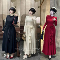 Đầm Maxxi Thun TĂM LẠNH  Cổ Tròn Tay Dài Dáng Dài Xoè Đính Hoa Hồng Tua Rua