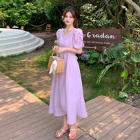 Đầm midi chéo eo cổ vuông tím pastel