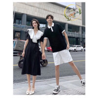 🌷Đầm midi cổ phối voan trắng tay phồng thắt eo một bên + Áo thun cổ polo trắng phối hợp