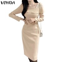 Đầm Midi Cổ Vuông Tay Dài Màu Trơn Phong Cách Hàn Quốc Thời Trang Cho Nữ