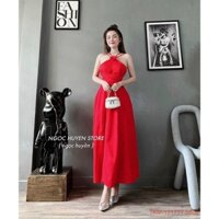 ĐẦM MIDI ĐỎ NƠ CỔ YẾM ĐÍNH HOA HỞ LƯNG