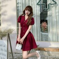 Đầm midi đỏ tay ngắn cổ tim dáng xòe trên gối