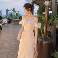 ĐẦM MIDI HOA NỔI 2 DÂY RỚT VAI BÈO - K63 - Có ảnh thật chuẩn mẫu -  [LARA STORE]