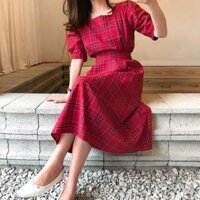 🎶ĐẦM MIDI KẺ Ô CỔ VUÔNG