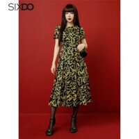 Đầm midi lụa họa tiết Baroque SIXDO (Black Baroque Print Pleated Midi Silk Dress)