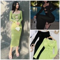 Đầm midi ôm body cúp ngực khoen cutout eo màu đen/xanh NÀNG CLOSET