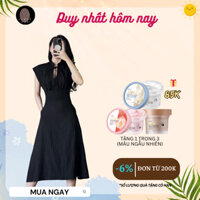 Đầm midi ôm eo tay áo cánh dơi cổ trụ vải gân sọc 2 túi thanh lịch tôn dáng, công sở DS0021