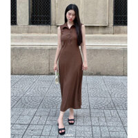 Đầm midi thun tăm tay hến cổ bẻ cài nút URATV