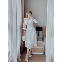 Đầm midi tiểu thư trắng voan bi nổi tay dài nút ngọc cổ V Tanii