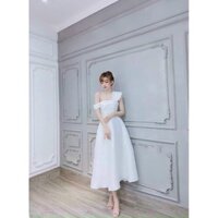 Đầm midi trắng rớt vai 1 bên
