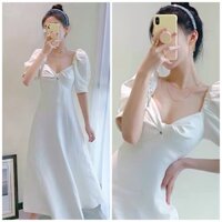 Đầm midi váy dự tiệc màu trắng xoắn cổ form dài thanh lịch (kèm hình thật)