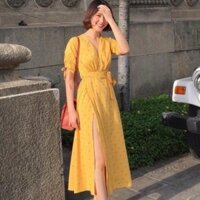 Đầm midi váy maxi bi vàng xẻ tà 2 màu (kèm hình thật)