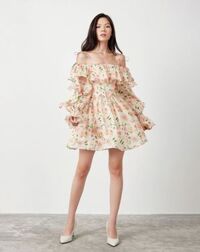 Đầm mini bẹt vai phối bèo nhún voan hoa