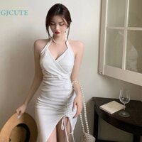 Đầm Mini Cổ Chữ V Ôm Hông Không Tay Xẻ Tà Màu Trơn Thời Trang Gợi Cảm Cho Nữ