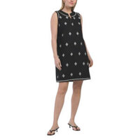 Đầm Mini Vải Linen Màu Đen Thêu Họa Tiết Cổ Và Thân Váy – Hiệu Rachel Zoe