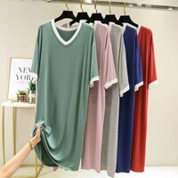 Đầm Modal Cổ V Chữ V Rộng Plus Size Mùa Hè Mới Đầm Ngủ Nữ Tay Ngắn Đầm Mỏng Mặc Ở Nhà Đầm Dài Sọc Trắng