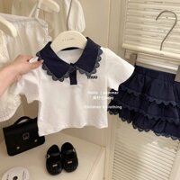 Đầm Mùa Hè Bé Gái Phong Cách Preppy Bộ Đồ Hai Mảnh 2025 Phong Cách Mới Thời Trang Trẻ Em Tay Ngắn Top Bánh Váy