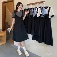 Đầm mùa hè cỡ lớn xuyên biên giới, thiết kế mới, cảm giác niche, phối màu, giả hai mảnh, đầm che chắn giảm béo cho phụ nữ