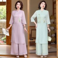 Đầm Mùa Hè Của Mẹ Phong Cách Trung Hoa Mới Giữa Chiều Dài Cải Tiến Sườn Xám Phù Hợp Với Hoa Thêu Tay Ba Phần Tư Nữ Trung Niên Bộ Đồ Hai Mảnh / Hạt 253.7