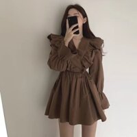 Đầm mùa xuân cổ chữ V vintage mới với ruffle chéo, thắt lưng và tay áo xòe, đầm ngắn cho phụ nữ nhỏ nhắn