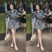 Đầm ngắn Jean Quảng Châu cổ sơ mi tay ngắn dáng đầm xòe trẻ trung xinh xắn mang đi chơi, đi tiệc