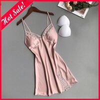 Đầm Ngủ 2 Dây Lụa Cao Cấp Màu Hồng Cánh Sen Gợi Cảm